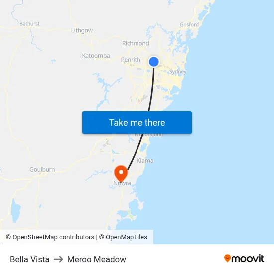 Bella Vista to Meroo Meadow map