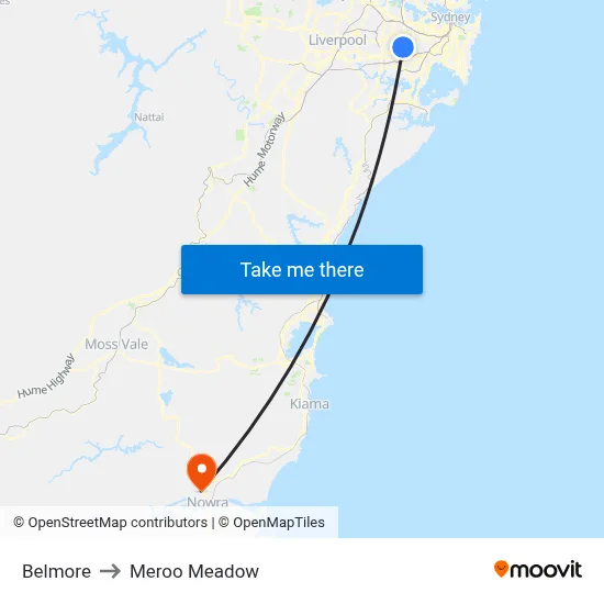 Belmore to Meroo Meadow map