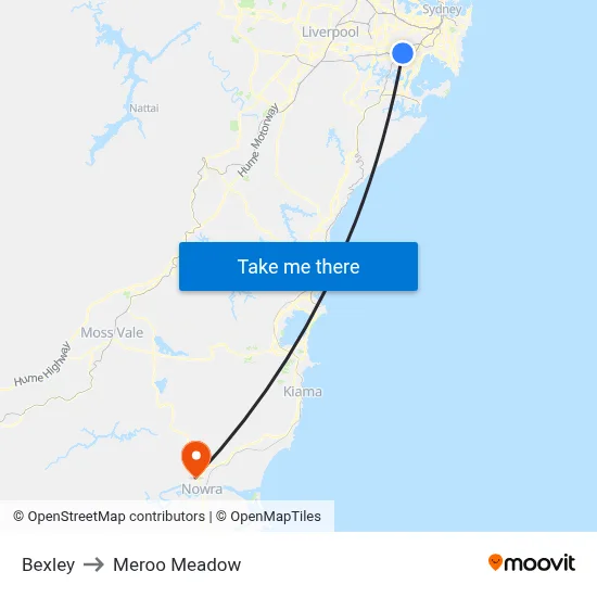 Bexley to Meroo Meadow map
