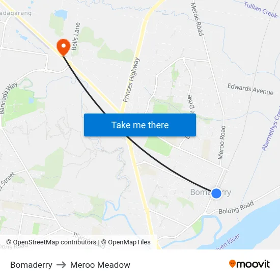 Bomaderry to Meroo Meadow map