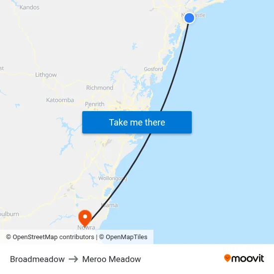 Broadmeadow to Meroo Meadow map