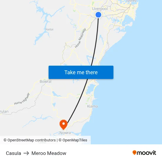 Casula to Meroo Meadow map