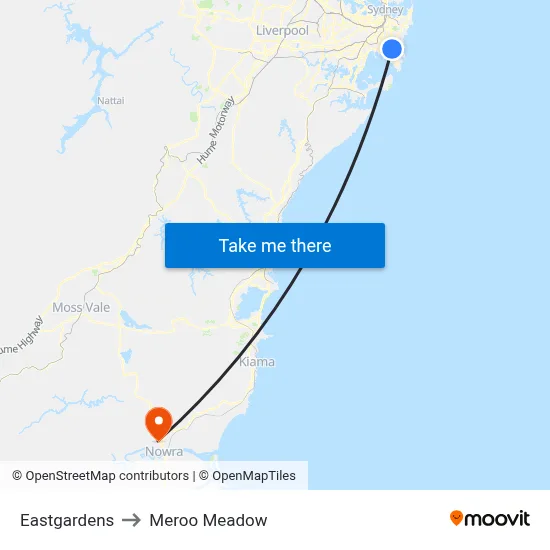 Eastgardens to Meroo Meadow map