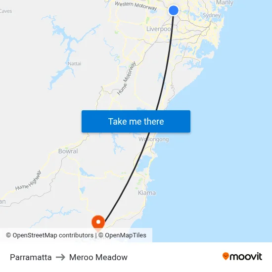 Parramatta to Meroo Meadow map
