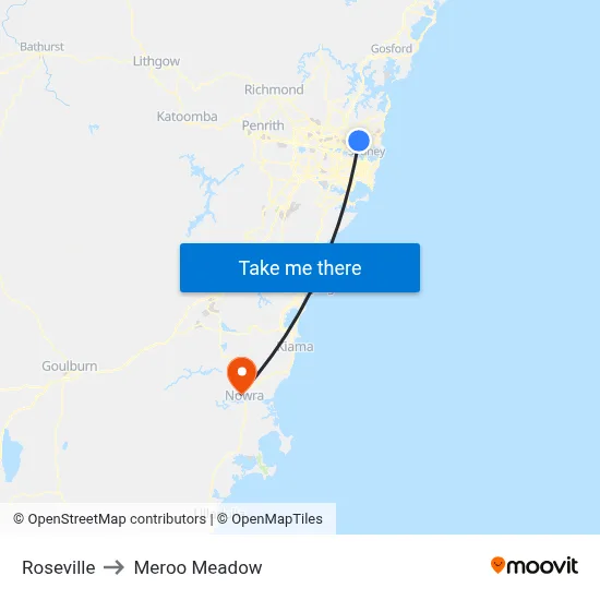 Roseville to Meroo Meadow map