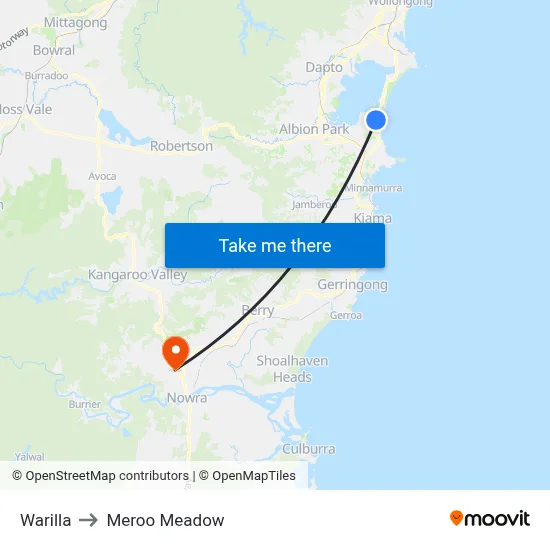 Warilla to Meroo Meadow map