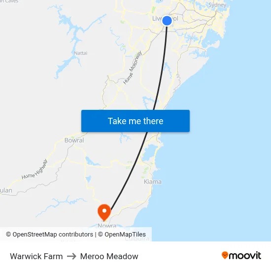 Warwick Farm to Meroo Meadow map