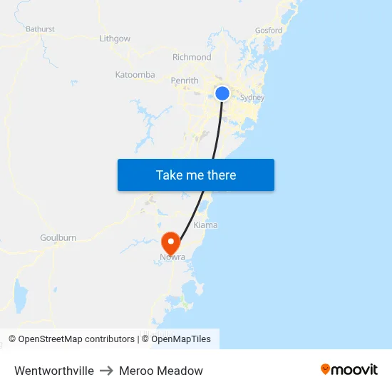 Wentworthville to Meroo Meadow map