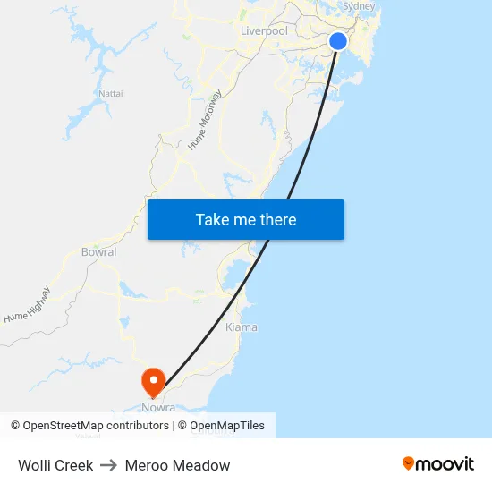 Wolli Creek to Meroo Meadow map