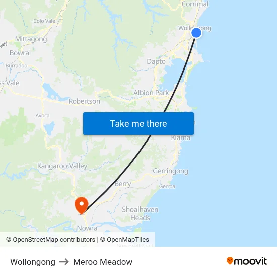 Wollongong to Meroo Meadow map