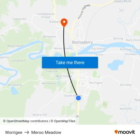 Worrigee to Meroo Meadow map