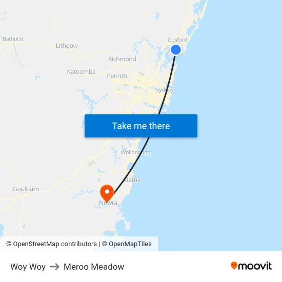 Woy Woy to Meroo Meadow map