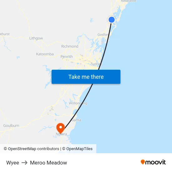 Wyee to Meroo Meadow map