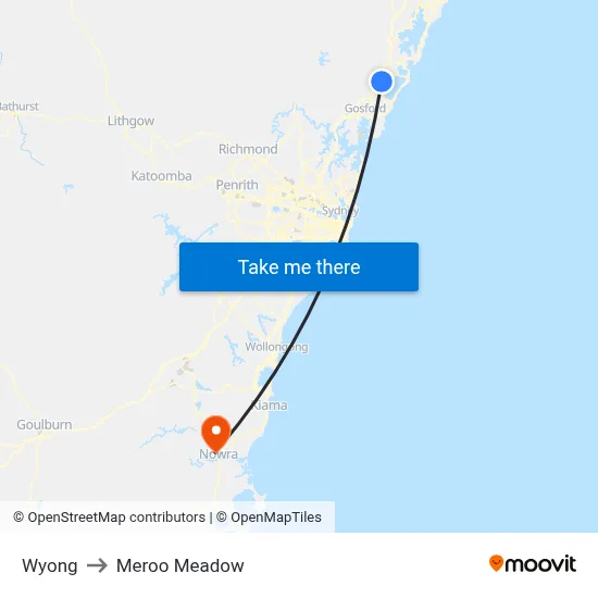 Wyong to Meroo Meadow map