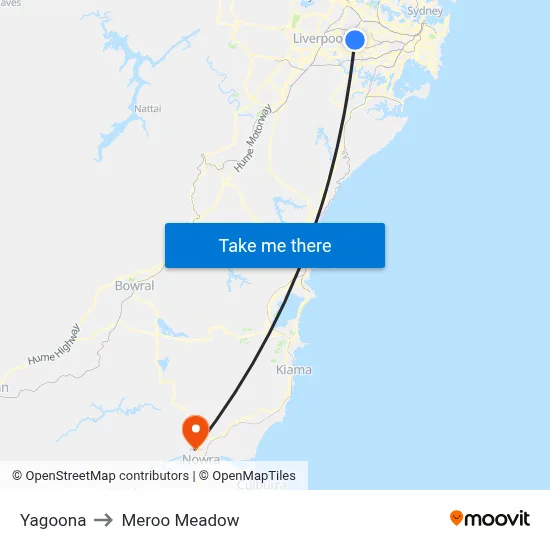 Yagoona to Meroo Meadow map