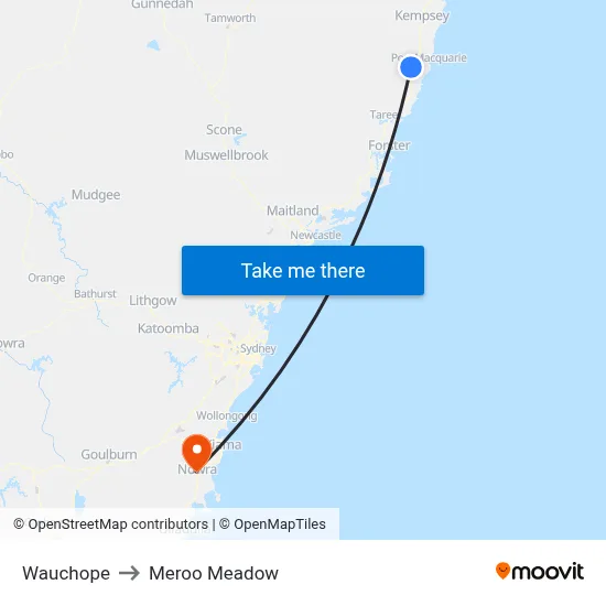 Wauchope to Meroo Meadow map
