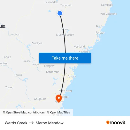 Werris Creek to Meroo Meadow map
