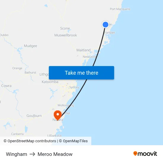 Wingham to Meroo Meadow map