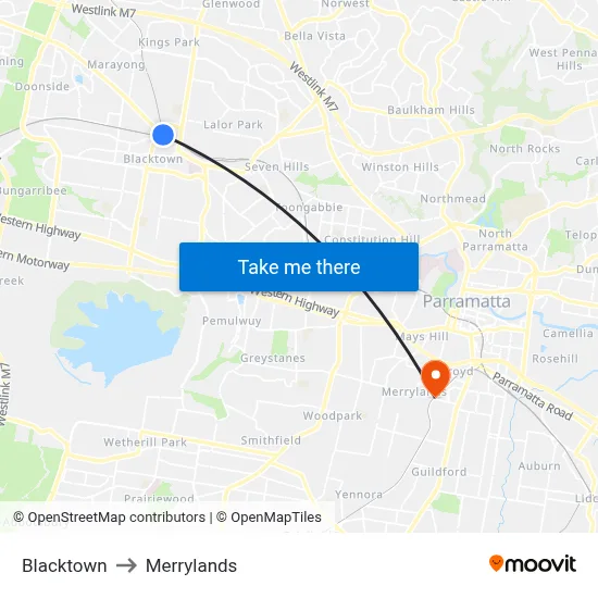 Blacktown to Merrylands map