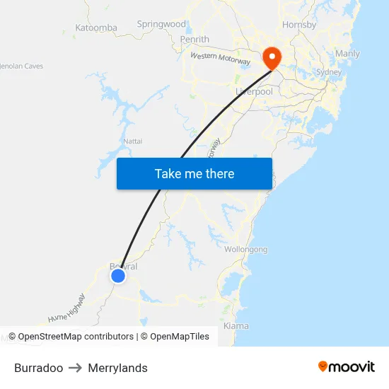 Burradoo to Merrylands map