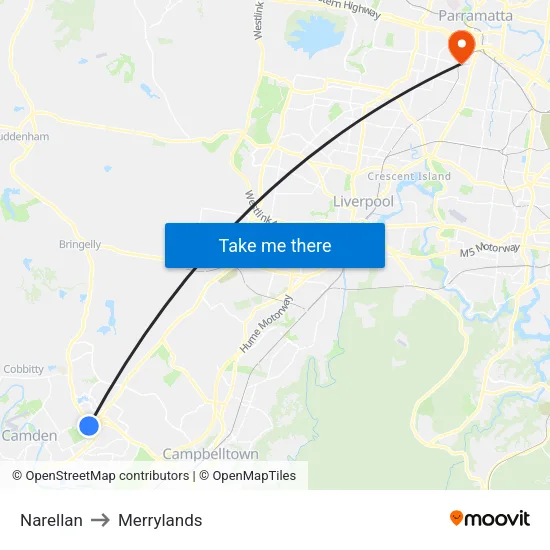 Narellan to Merrylands map