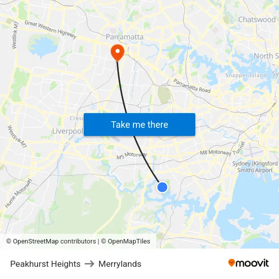Peakhurst Heights to Merrylands map