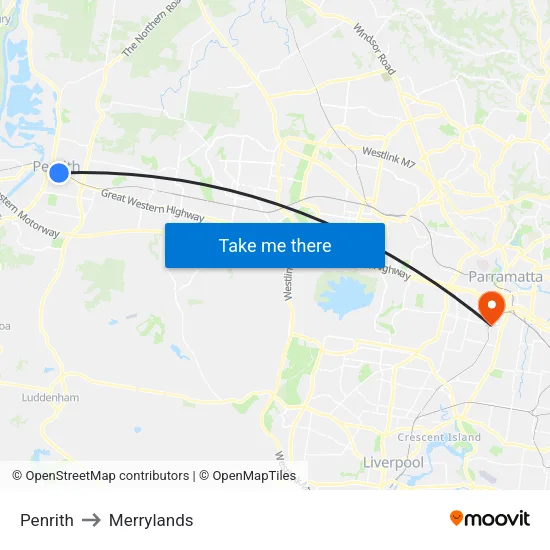 Penrith to Merrylands map