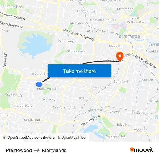 Prairiewood to Merrylands map