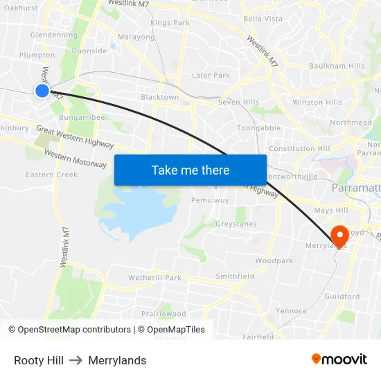 Rooty Hill to Merrylands map