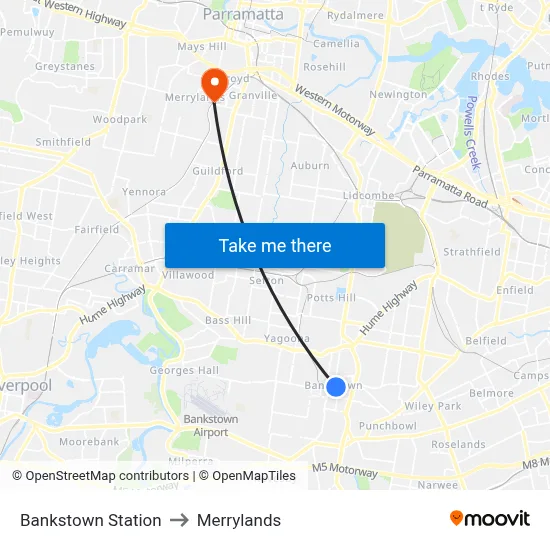 Bankstown Station to Merrylands map
