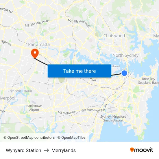 Wynyard Station to Merrylands map