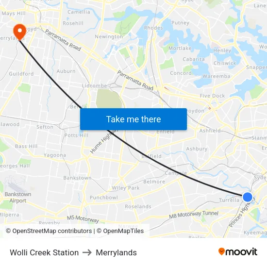 Wolli Creek Station to Merrylands map