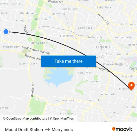 Mount Druitt Station to Merrylands map
