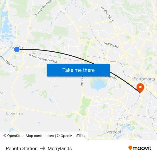 Penrith Station to Merrylands map
