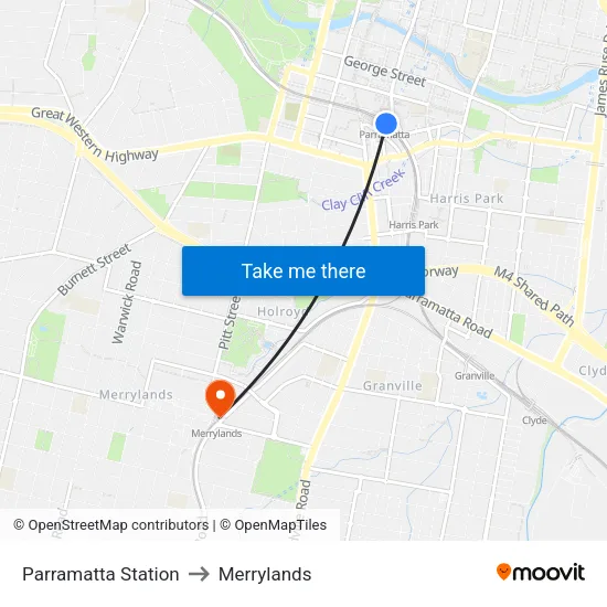 Parramatta Station to Merrylands map