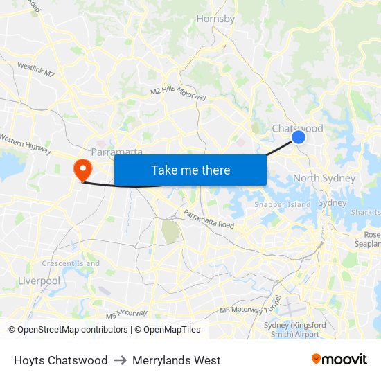 Hoyts Chatswood to Merrylands West map