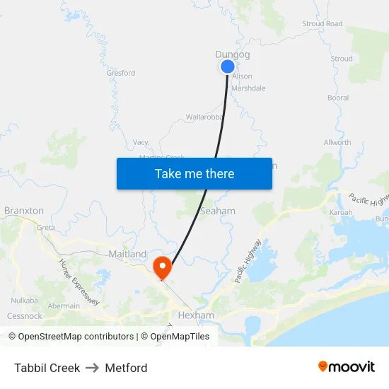 Tabbil Creek to Metford map
