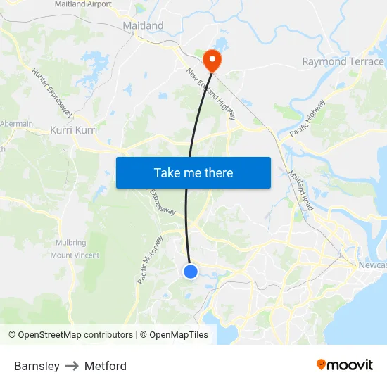Barnsley to Metford map