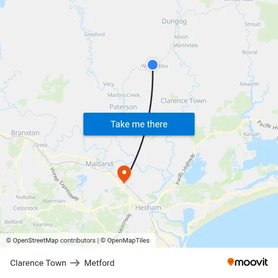 Clarence Town to Metford map