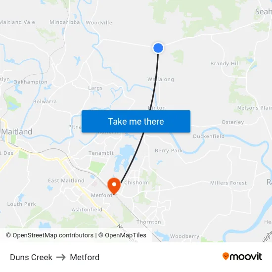 Duns Creek to Metford map