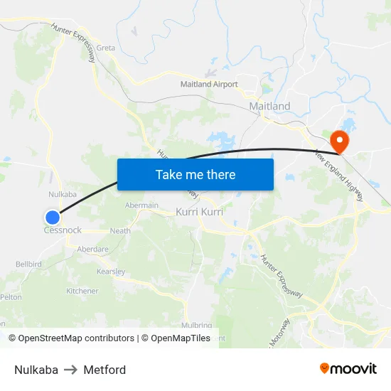 Nulkaba to Metford map