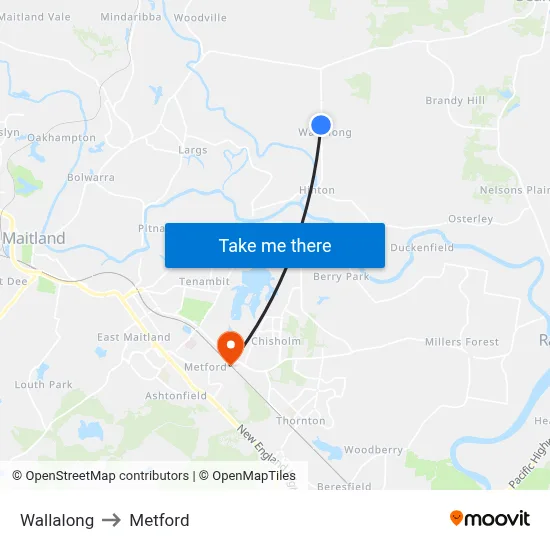Wallalong to Metford map