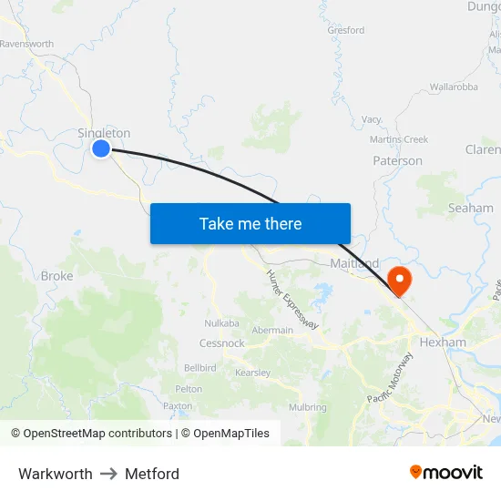 Warkworth to Metford map