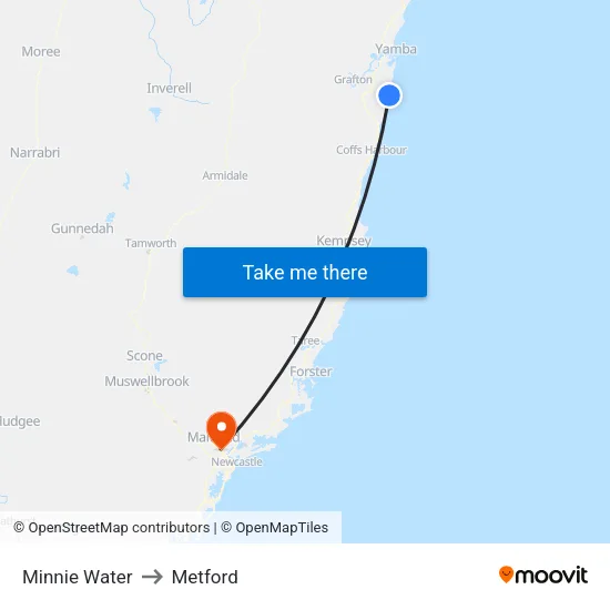 Minnie Water to Metford map