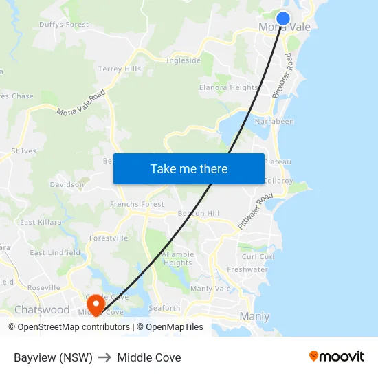 Bayview (NSW) to Middle Cove map