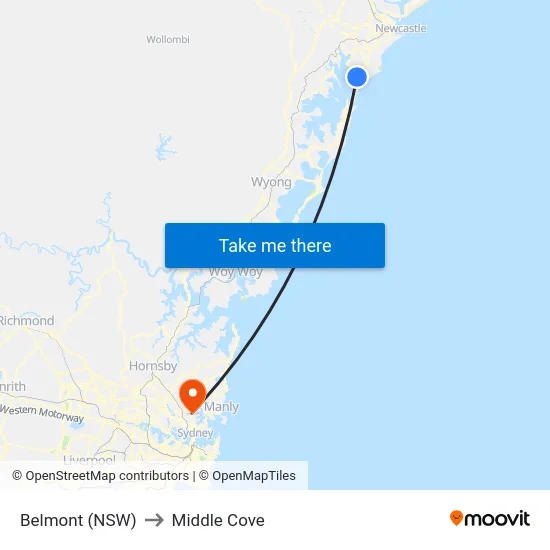 Belmont (NSW) to Middle Cove map