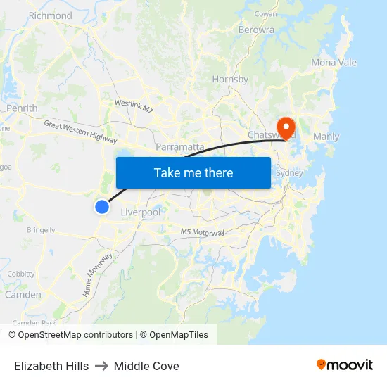 Elizabeth Hills to Middle Cove map