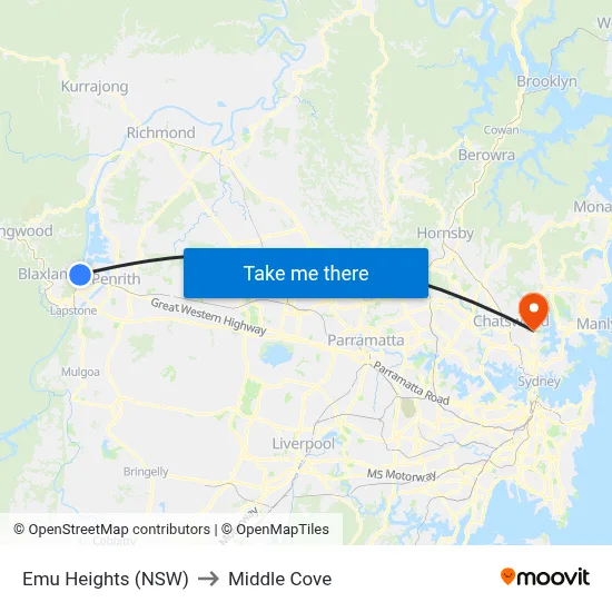 Emu Heights (NSW) to Middle Cove map