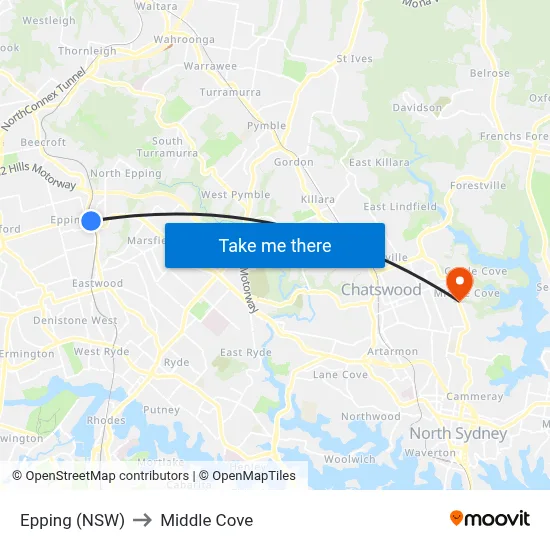 Epping (NSW) to Middle Cove map