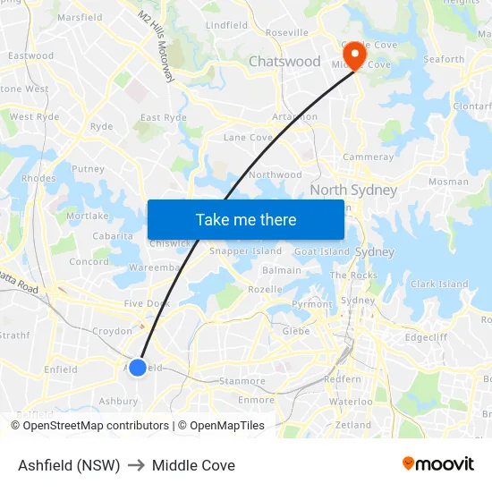 Ashfield (NSW) to Middle Cove map